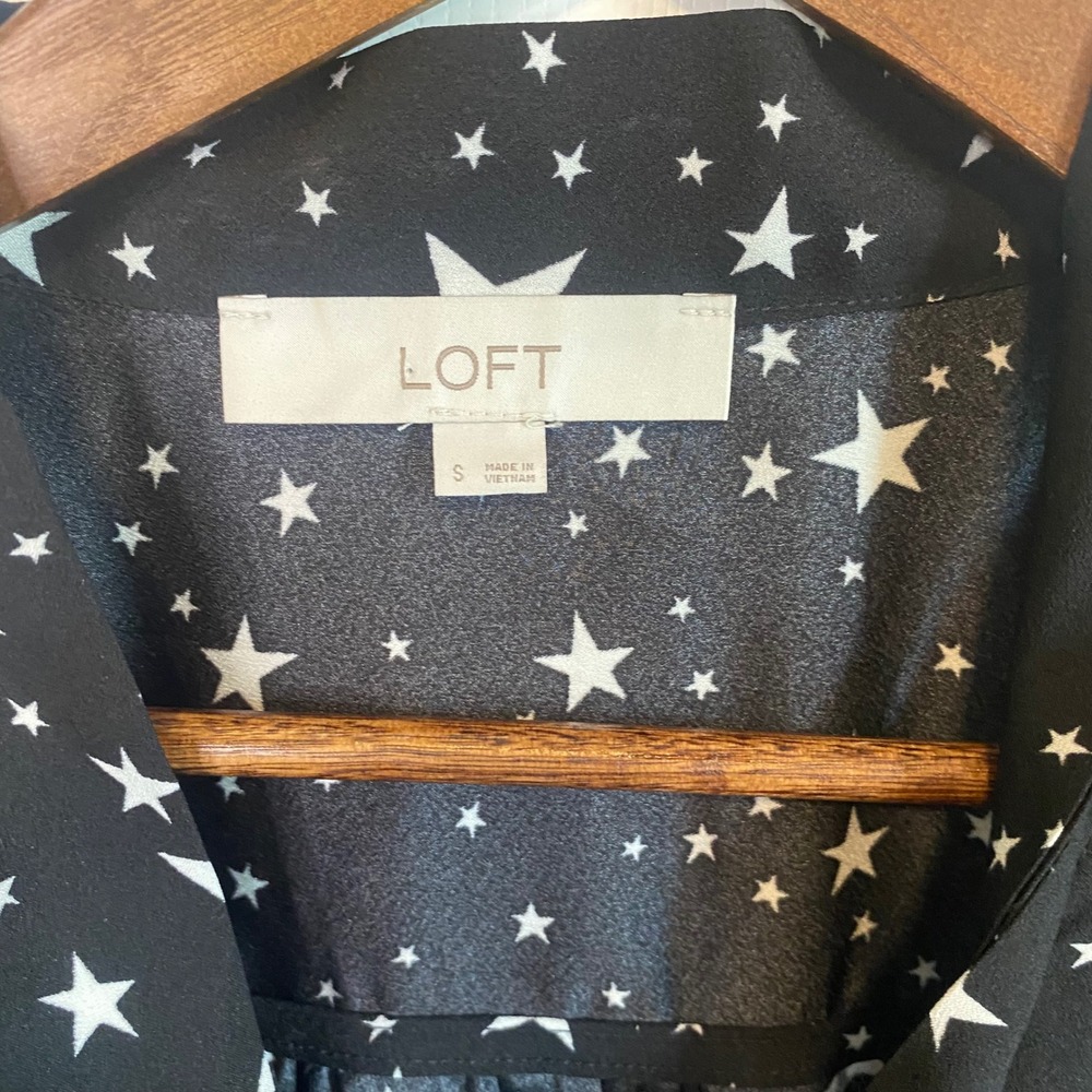 LOFT Womens Blouse Small Black White Star Print Tie Neck Long Sleeve Novelty - Picture 4 of 5